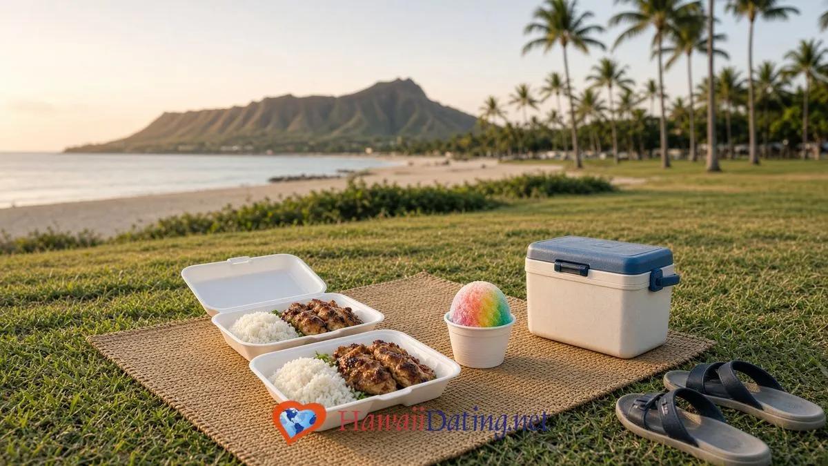 Picnic blanket with two plate lunch boxes and shave ice at a Honolulu beach park, Diamond Head in the background