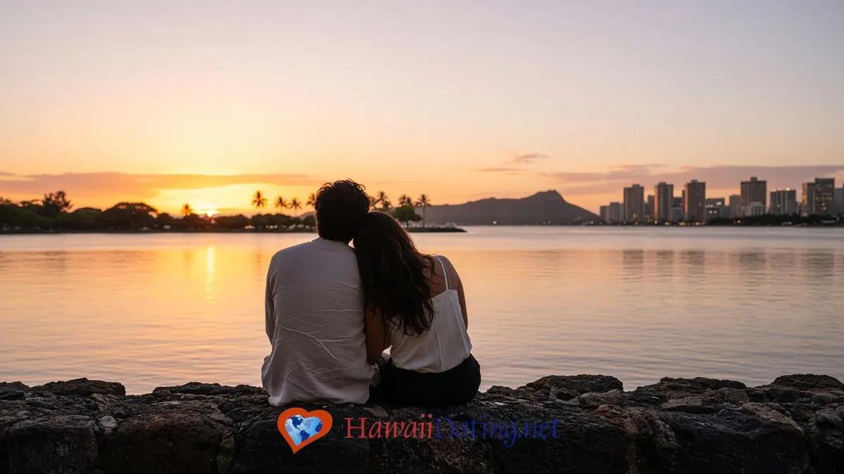 Couple watching sunset from the Magic Island seawall in Honolulu with Diamond Head and Waikiki in the distance