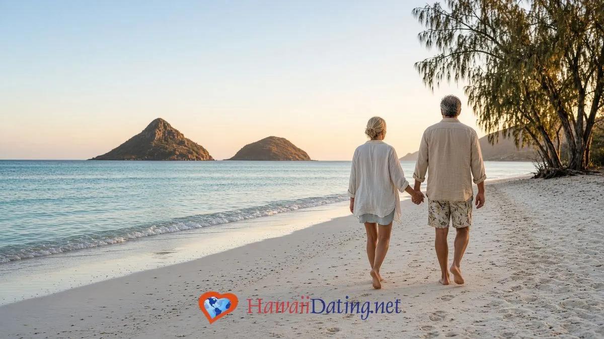 Couple in their fifties walking barefoot along Kailua Beach at golden hour with the Mokulua Islands offshore