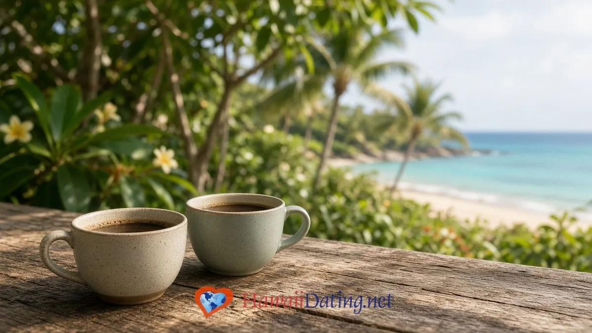 Two coffee cups on a garden cafe table in Paia, Maui, with palms and the ocean in soft morning light